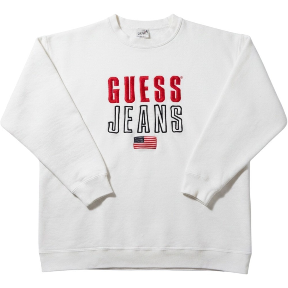 Guess Jeans Sweatshirt OSFA Vintage 90s USA Embroidered Flag White Crewneck